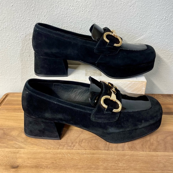 Jeffrey Campbell Shoes - Jeffrey Campbell Suede Block Heel Loafers Gold Horsebit Hardware Size 9 Timeless